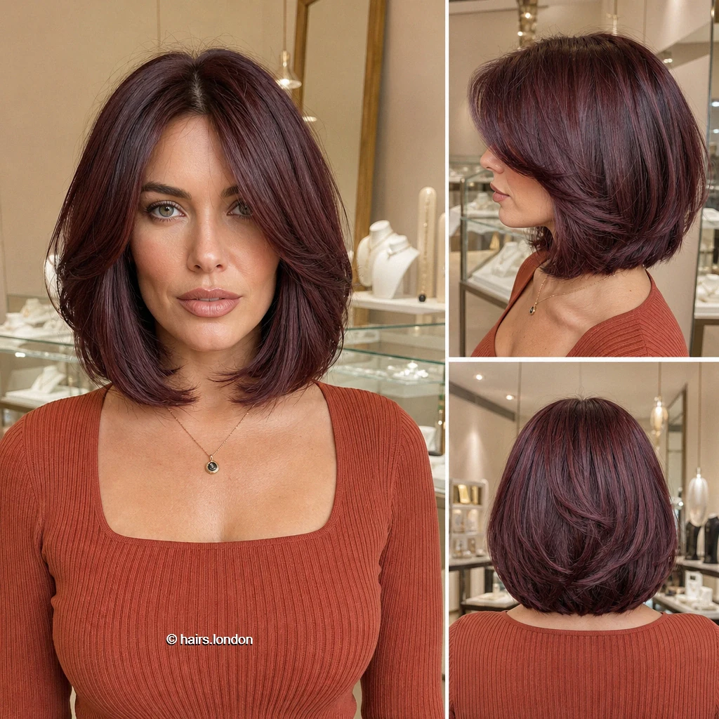 20 Red Bob Haircuts, From Soft Copper Waves to Sculpted Burgundy Shapes Plum Framing Bob