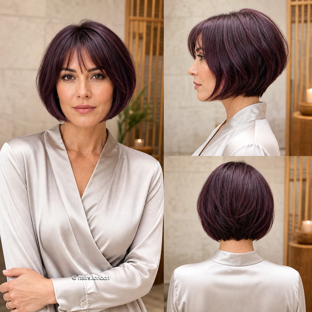20 Colorful Bob Haircuts: Shapes, Layers and Styling Ideas Plum Fringe Bob