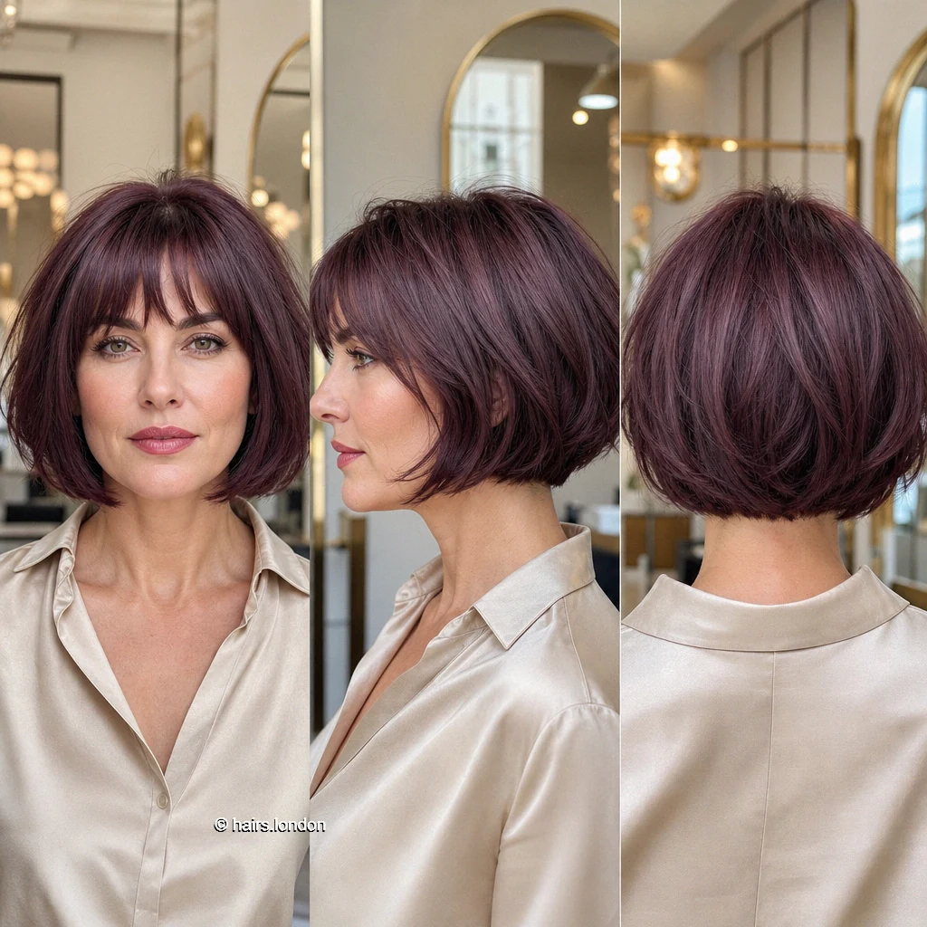 20 Colorful Bob Haircuts, From Sleek Curves to Shaggy Layers Plum Fringe Bob
