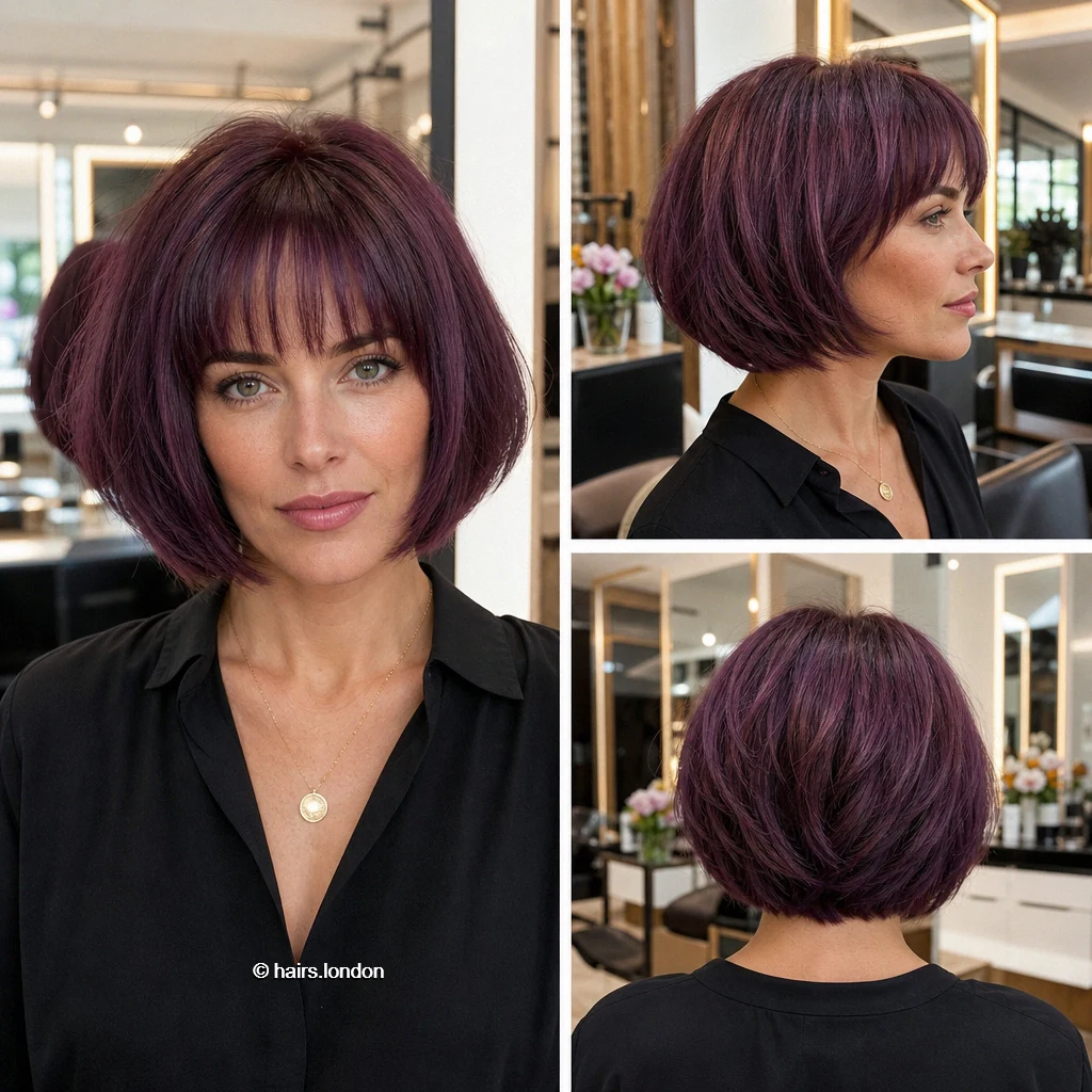 20 Colorful Bob Haircuts, From Rounded Shapes to Airy Layers Plum Fringed Bob