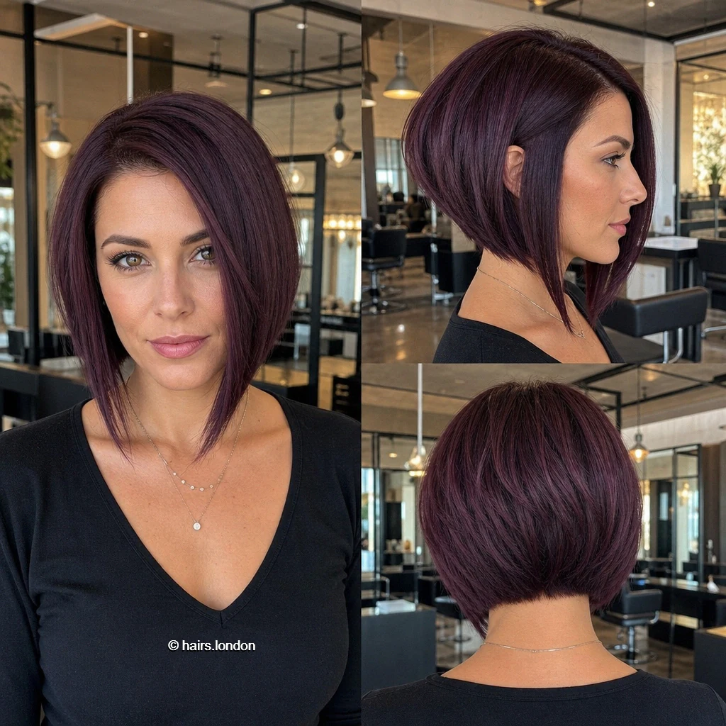 20 Colorful Bob Haircuts, From Sleek Jaw-Length Cuts to Layered Shapes Plum Longfront Bob