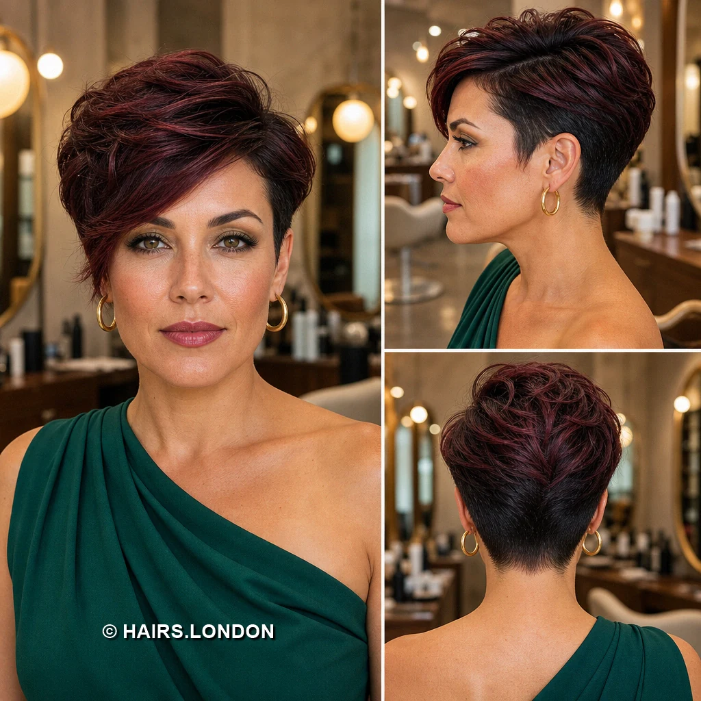 20 Burgundy Pixie Cuts: Swept Fringes, Textured Crowns and Curly Shapes Plum Piecey Fringe