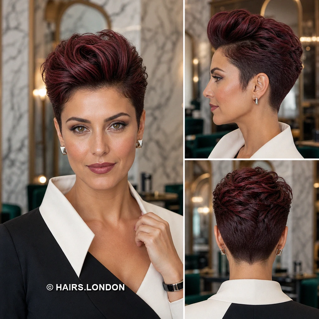 19 Burgundy Pixie Haircuts with Texture, Lift, and Side-Swept Shape Plum Sculpted Wave