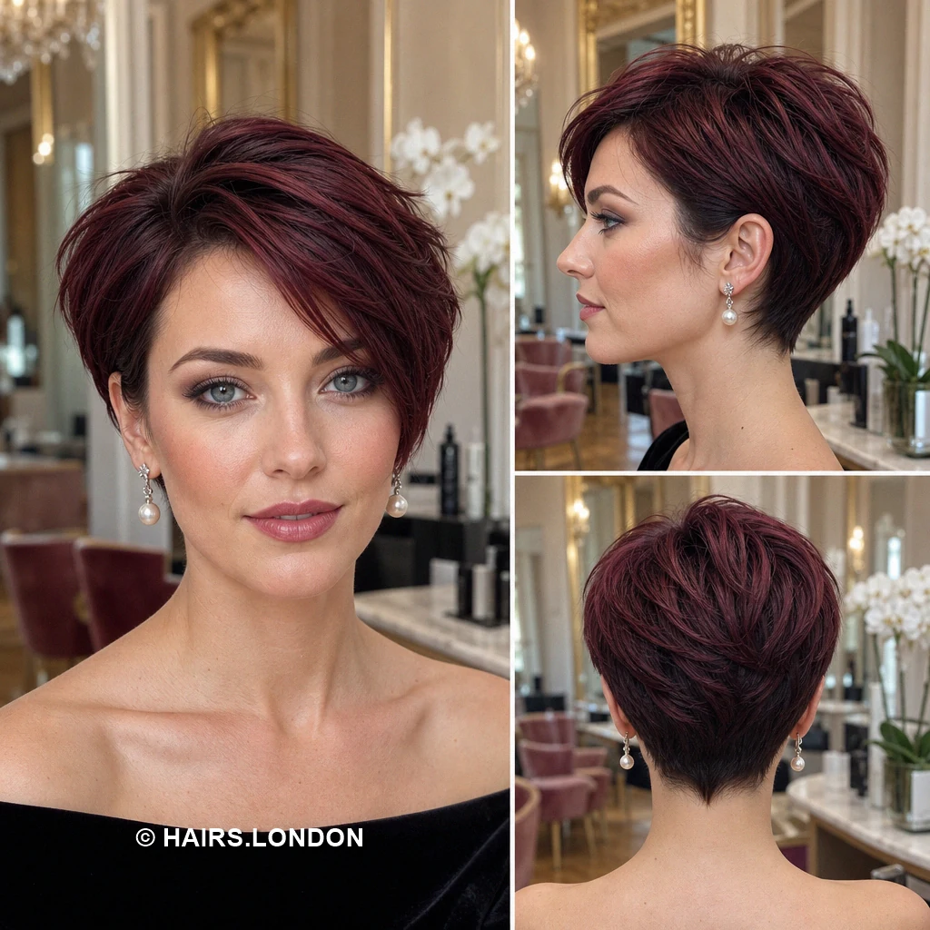 19 Burgundy Pixie Haircuts with Swept Fringe, Texture, and Tapered Napes Plum Sweeping Pixie