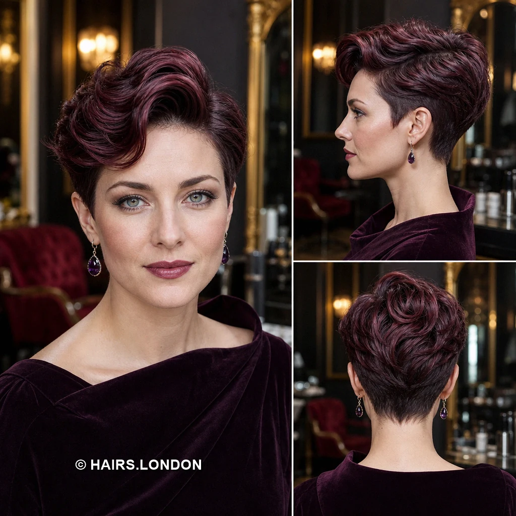 19 Burgundy Pixie Haircuts with Texture, Lift, and Side-Swept Shape Plum Sweeping Pixie