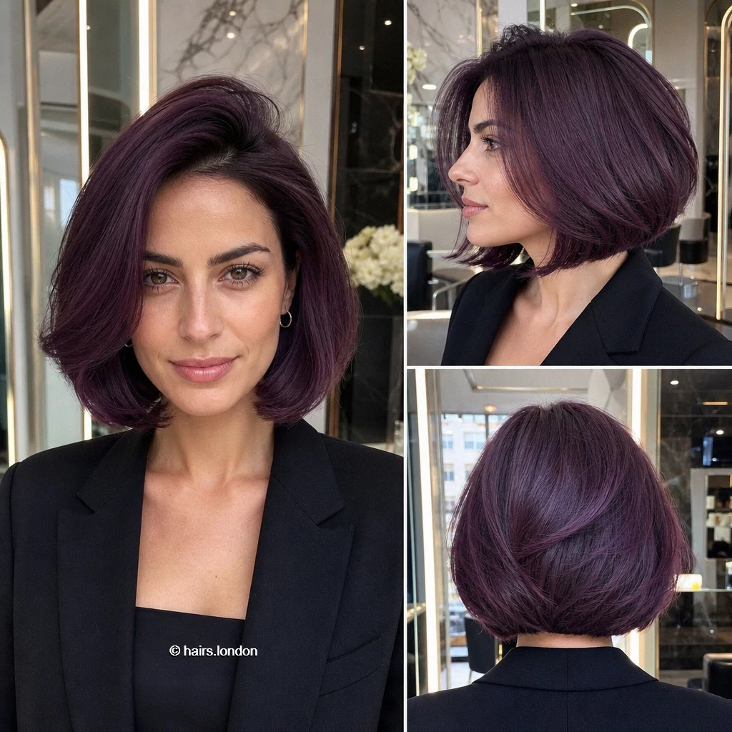 20 Colorful Bob Haircuts, From Sleek Curves to Shaggy Layers Plum Swept Bob