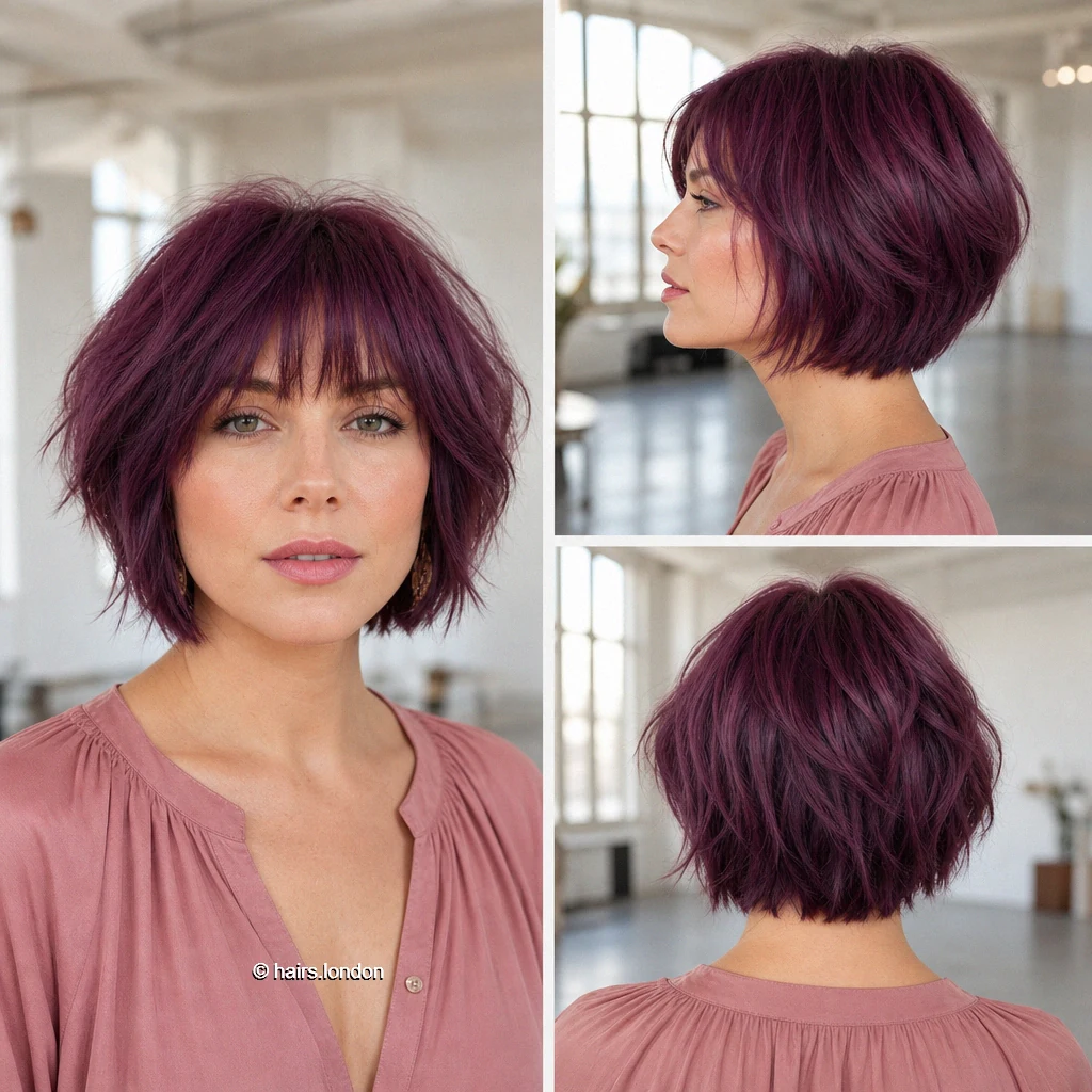 17 Bob Haircut Ideas, From Smooth Rounded Shapes to Textured Short Cuts Plum Wispy Bob