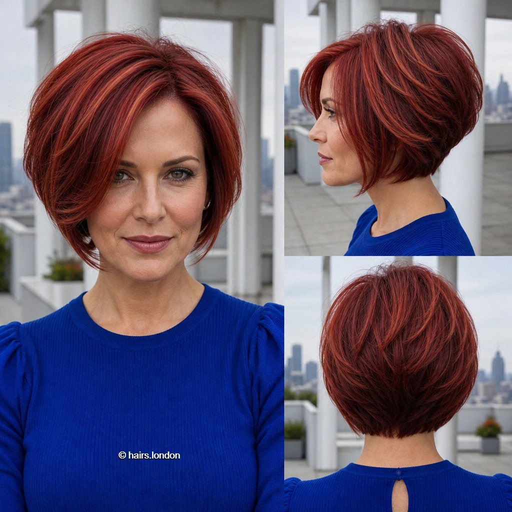 20 Red Bob Haircuts, From Soft Copper Waves to Sculpted Burgundy Shapes Red Graduated Swoop