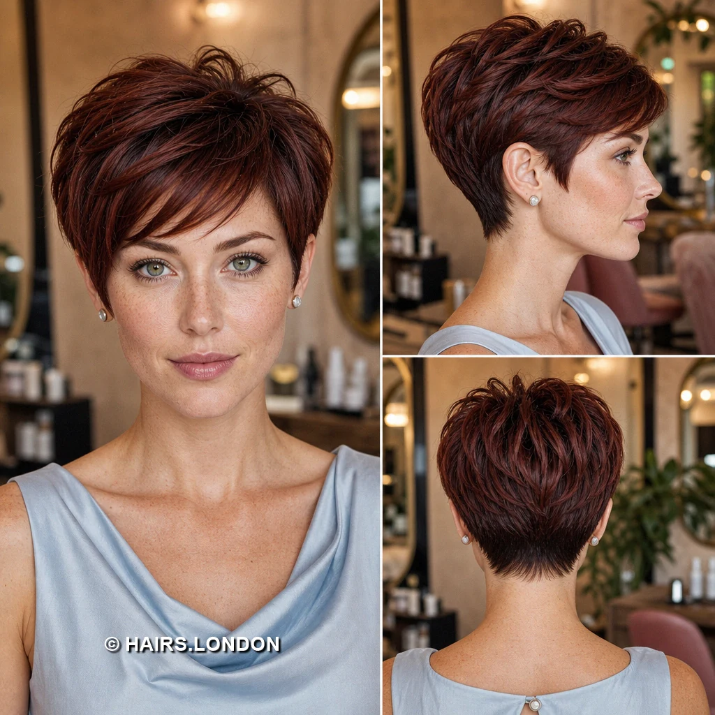 20 Burgundy Pixie Cuts: Swept Fringes, Textured Crowns and Curly Shapes Red Polished Sweep