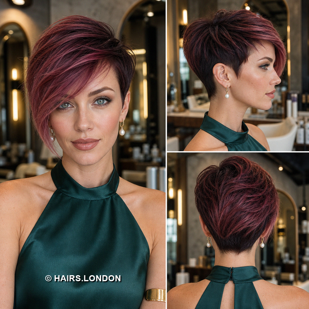 19 Burgundy Pixie Haircuts with Cherry Ribbons, Curls, and Quiffs Rosewood Draped Pixie