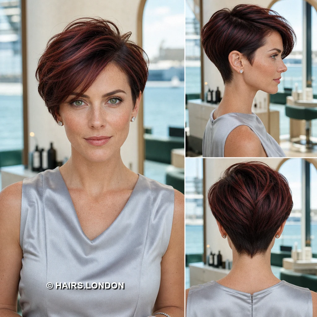 15 Burgundy Pixie Cuts with Texture, Curls, and Sweeping Fringes Ruby Angled Tousle