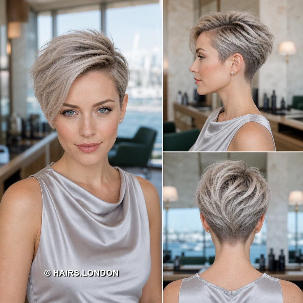 18 Silver Pixie Haircuts with Swept Fringes, Soft Waves, and Textured Crowns Silver Angled Front