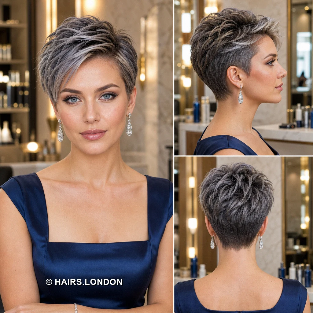 20 Silver Pixie Cuts With Dark Roots, From Soft Sweeps to Defined Curls Silver Arched Crown