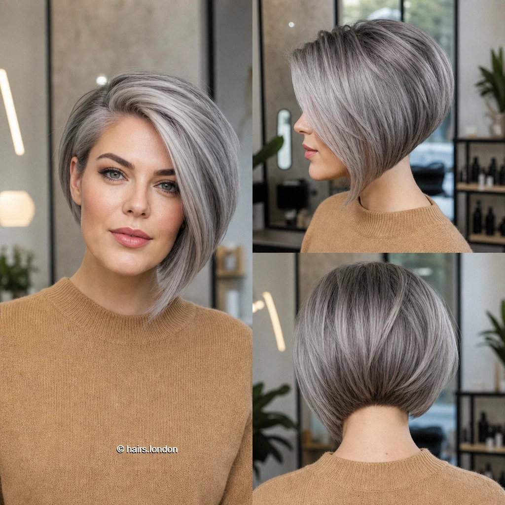 20 Bob Haircut Ideas: Rounded, Layered, Angled and Blunt Shapes Silver Asymmetric Bob