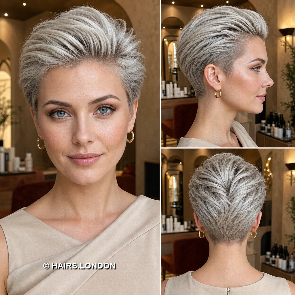 19 Silver Pixie Haircuts With Swept Fringes and Tapered Napes Silver Backcombed Pixie