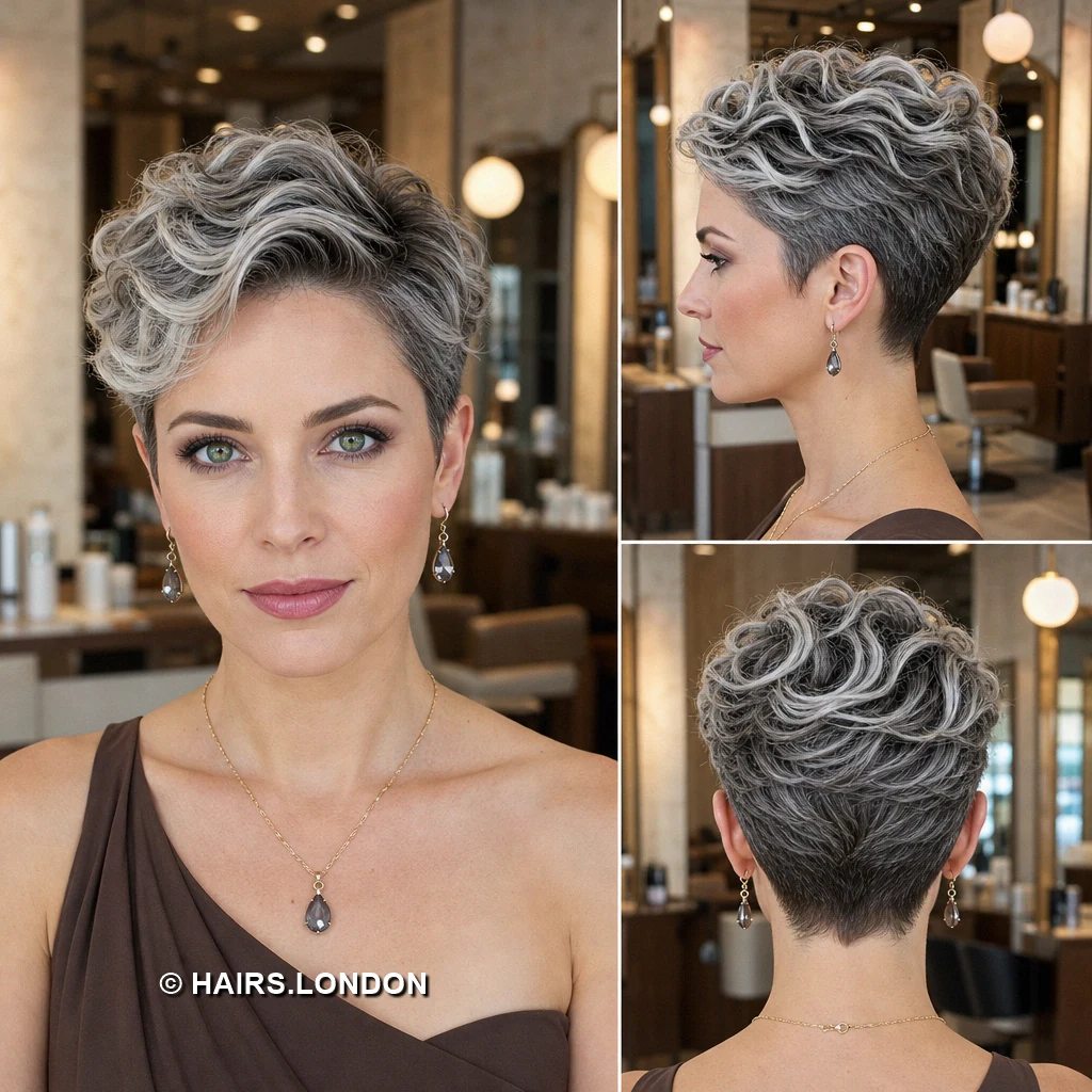 20 Silver Pixie Haircuts with Texture, Sweeping Fringes, and Tapered Napes Silver Brow Skimmer