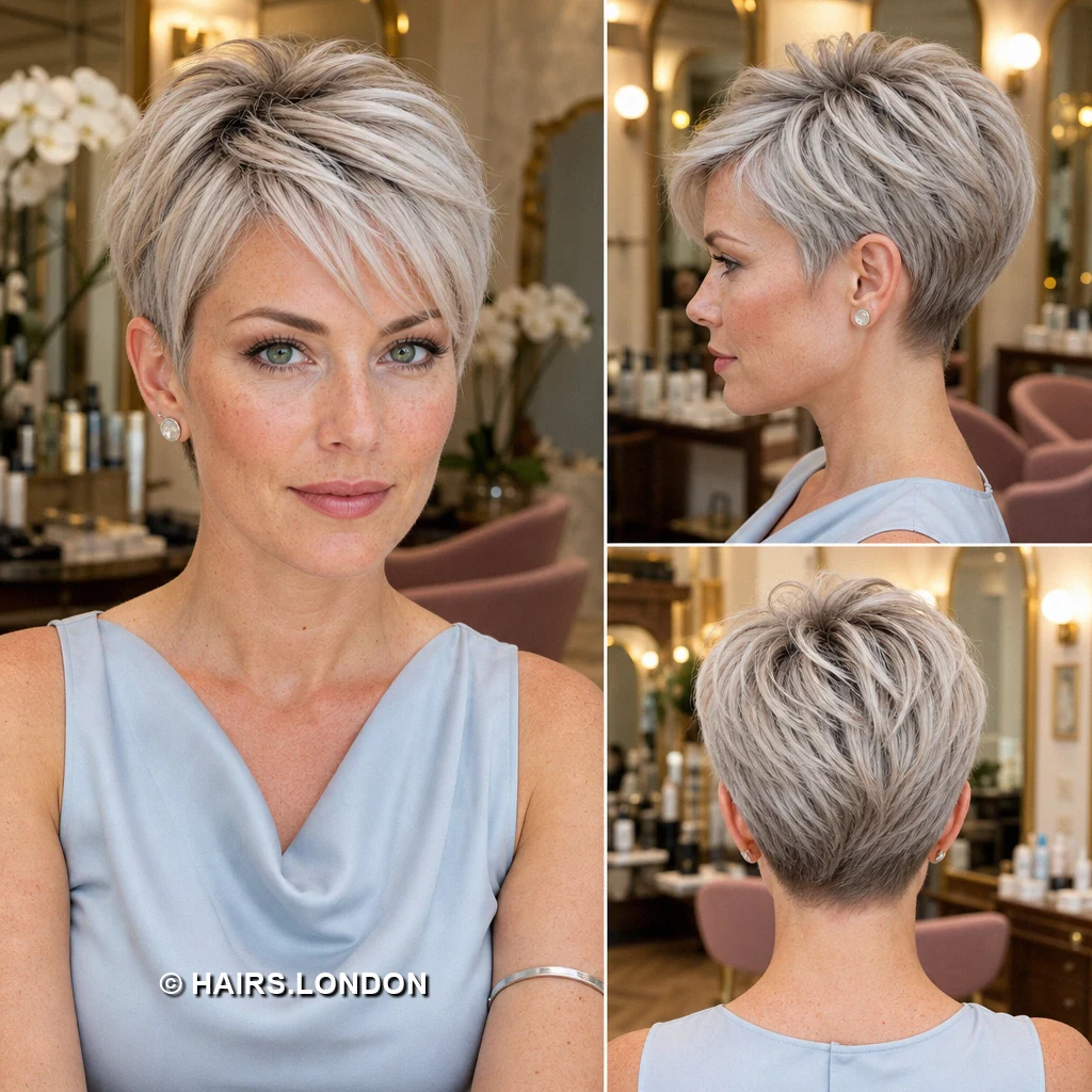 20 Silver Pixie Haircuts with Texture, Sweeping Fringes, and Tapered Napes Silver Brushed Crown