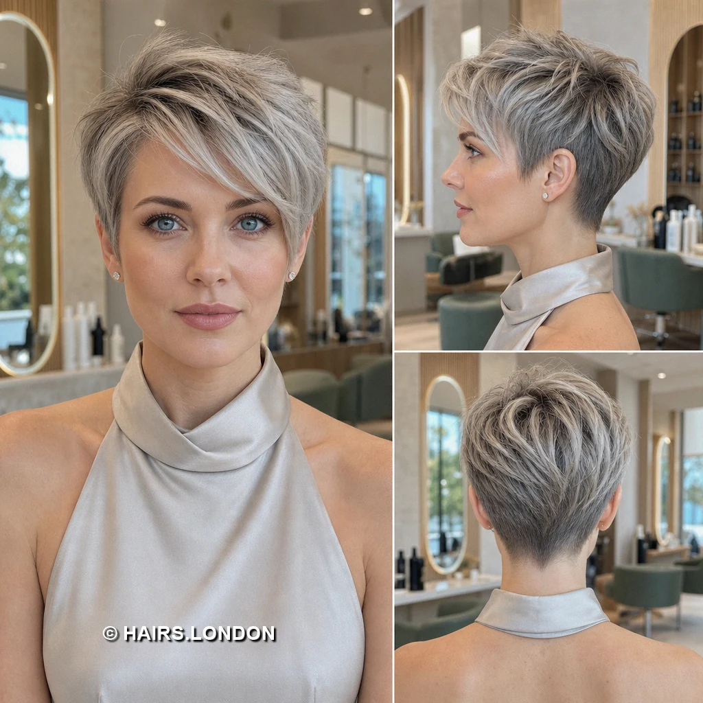 20 Silver Pixie Haircuts with Texture, Sweeping Fringes, and Tapered Napes Silver Clipped Sweep