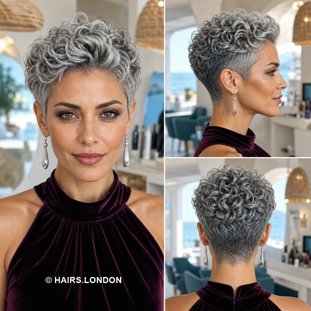 19 Silver Pixie Haircuts with Curly Crowns and Side Swept Fringes Silver Coiled Pixie
