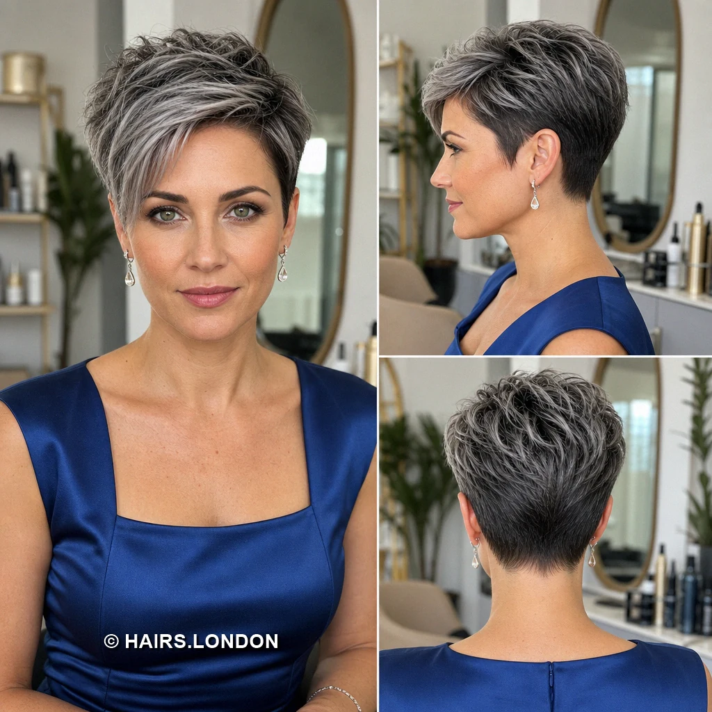 20 Silver Pixie Cuts With Dark Roots, From Soft Sweeps to Defined Curls Silver Contrasting Undercut