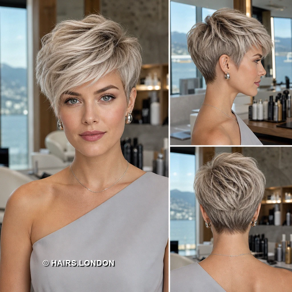 20 Silver Pixie Haircuts with Texture, Sweeping Fringes, and Tapered Napes Silver Curled Crown