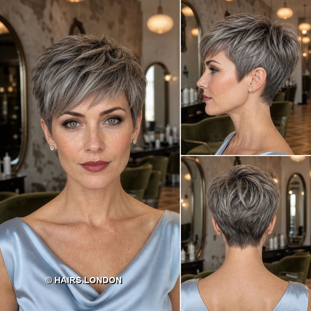 20 Silver Pixie Cuts With Dark Roots, From Soft Sweeps to Defined Curls Silver Curved Quiff