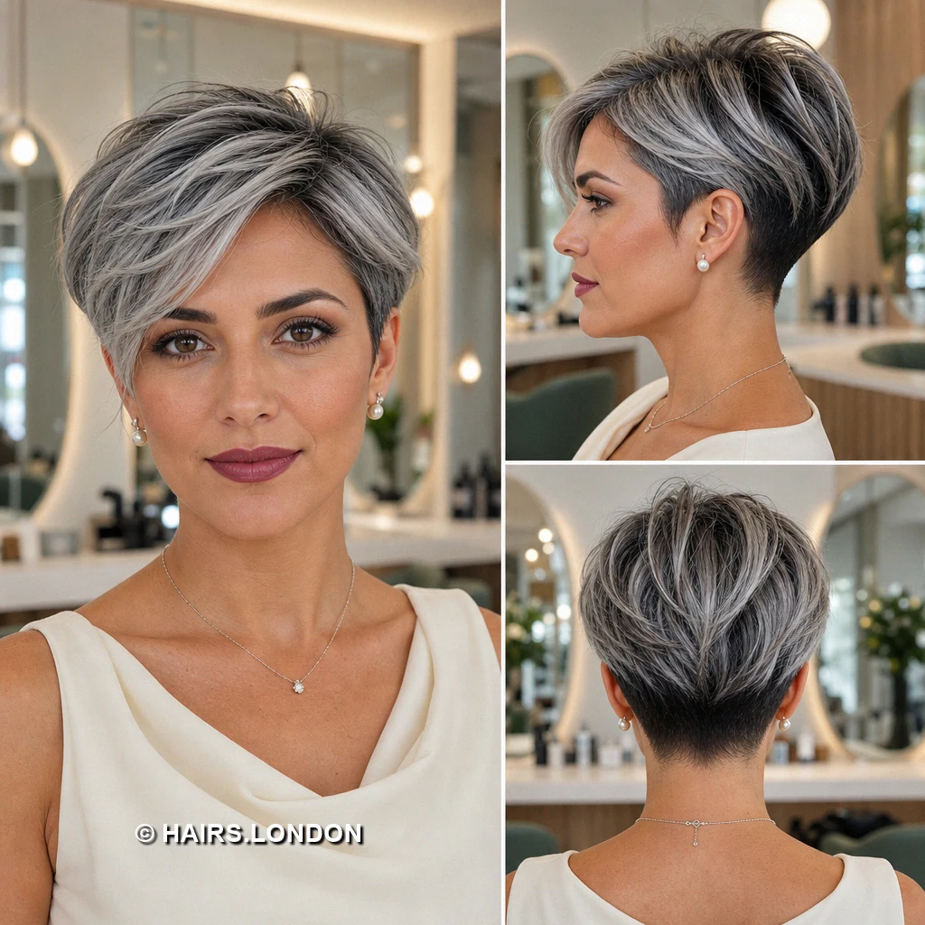 20 Silver Pixie Haircuts with Texture, Sweeping Fringes, and Tapered Napes Silver Dramatic Fringe
