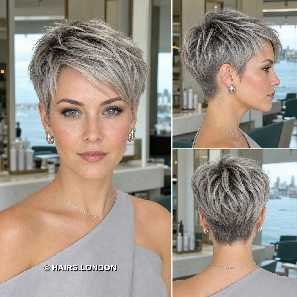 20 Silver Pixie Cuts With Dark Roots, From Soft Sweeps to Defined Curls Silver Draped Fringe