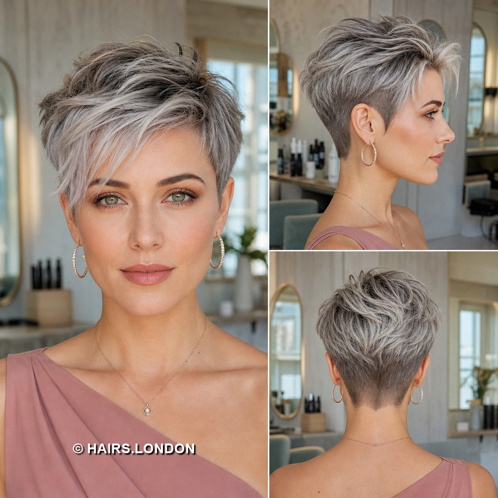19 Silver Pixie Haircuts with Curly Crowns and Side Swept Fringes Silver Feathered Pixie
