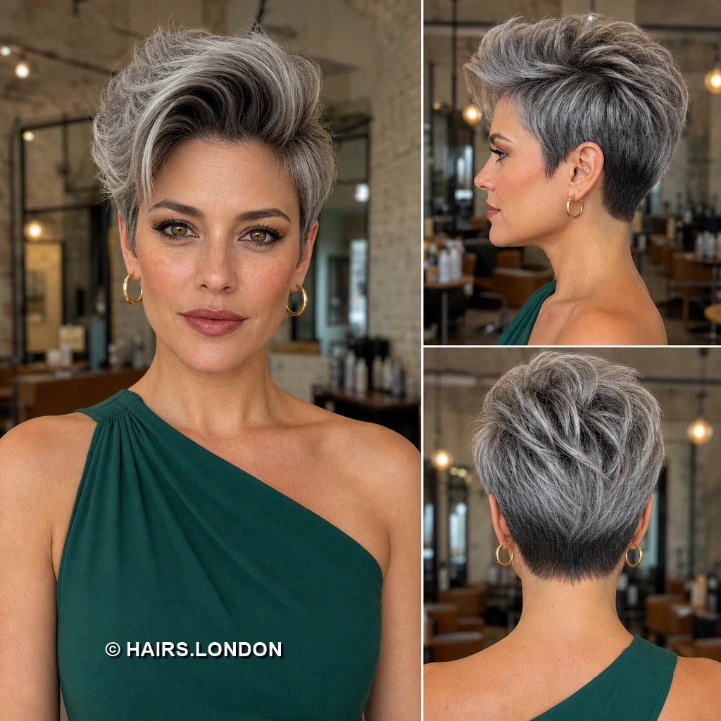 20 Silver Pixie Cuts With Dark Roots, From Soft Sweeps to Defined Curls Silver Feathered Silhouette