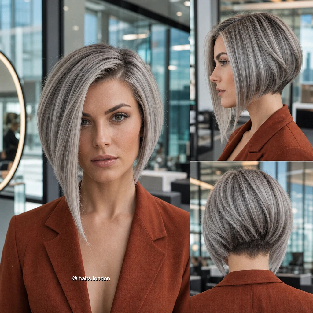20 Bob Haircut Ideas: Rounded, Layered, Angled and Blunt Shapes Silver Graduated Aline