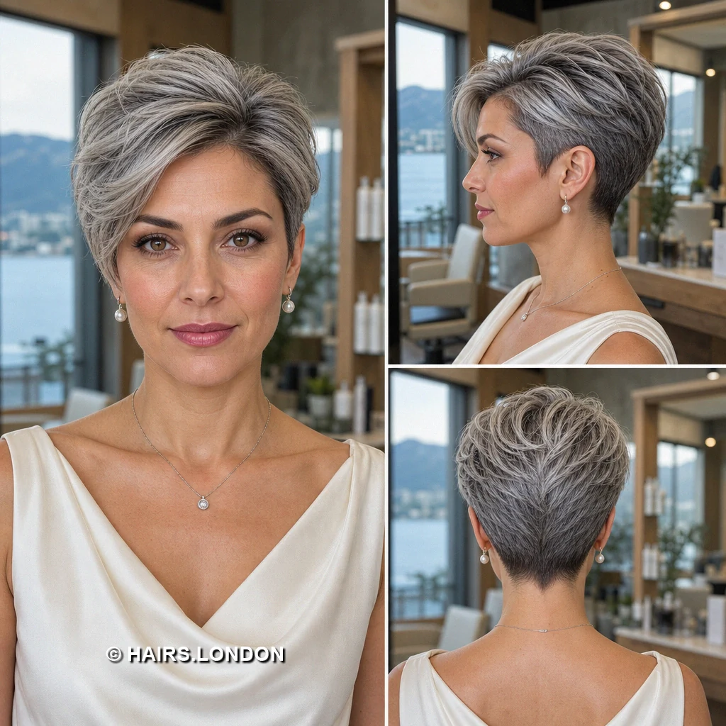 20 Silver Pixie Cuts With Dark Roots, From Soft Sweeps to Defined Curls Silver Micro Layers