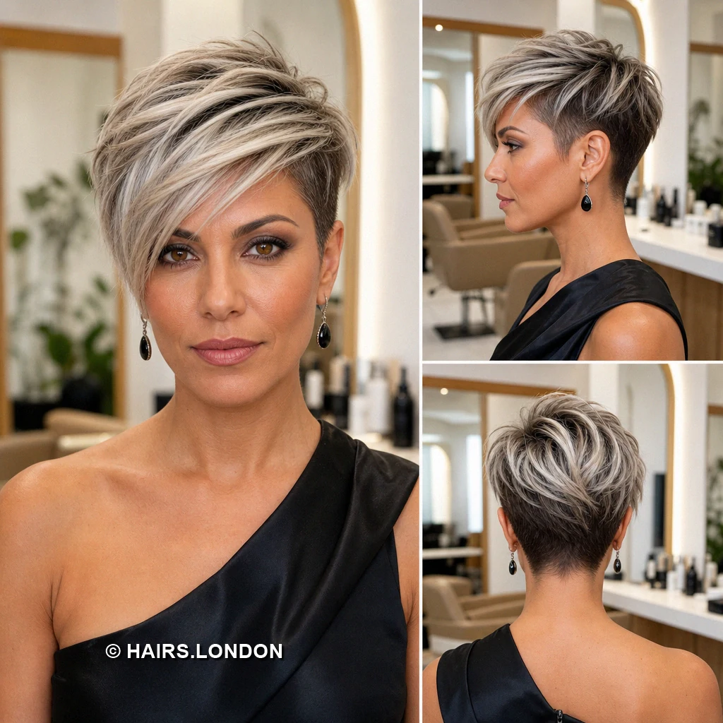 20 Silver Pixie Haircuts with Texture, Sweeping Fringes, and Tapered Napes Silver Offset Fringe