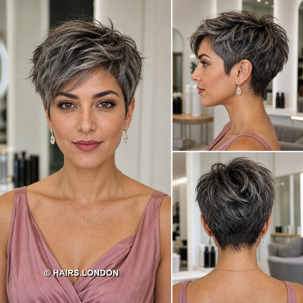 20 Silver Pixie Cuts With Dark Roots, From Soft Sweeps to Defined Curls Silver Ribbon Sweep