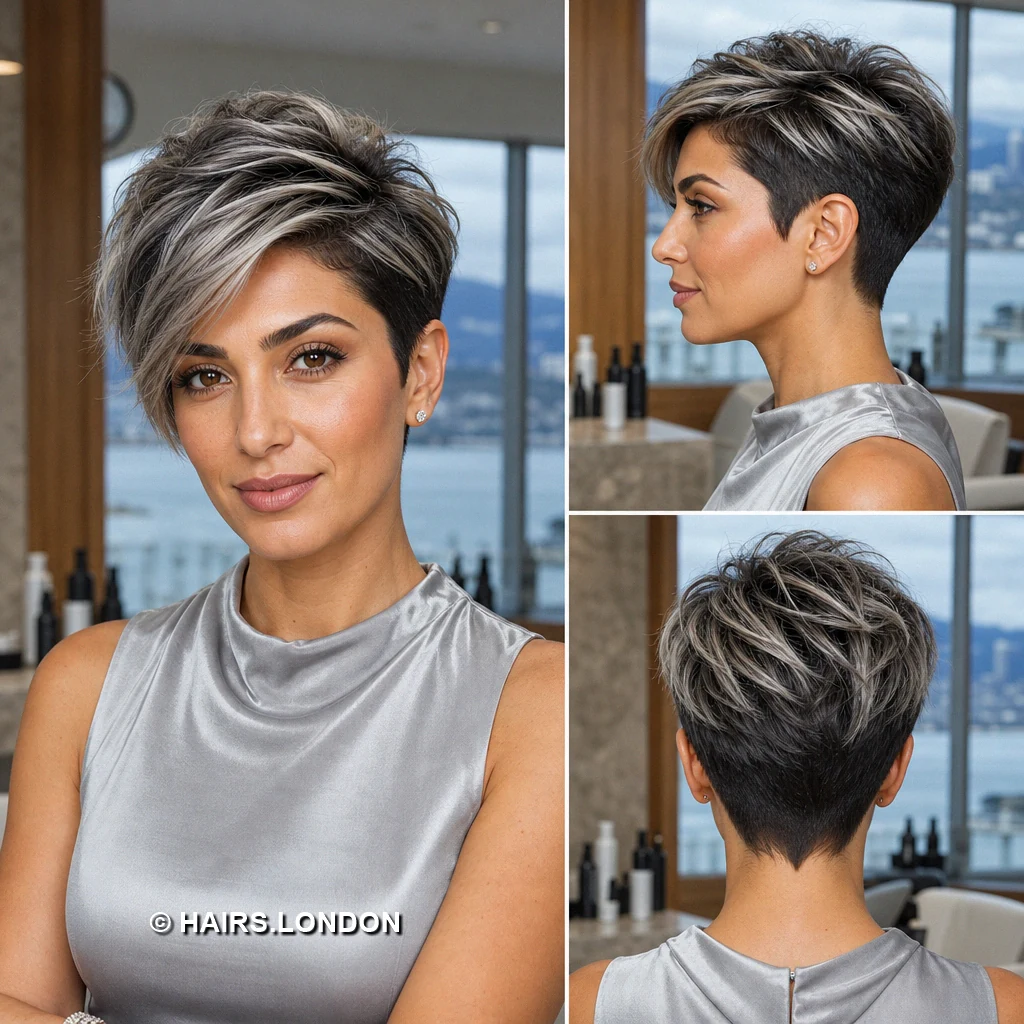 12 Silver Highlighted Pixie Cuts With Dark Roots and Textured Shape Silver Sidefringe Pixie
