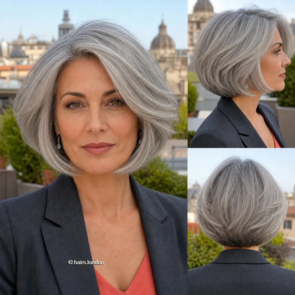 20 Bob Haircuts: Silver Layers, Sharp Lines and Angled Shapes Silver Sweeping Bob
