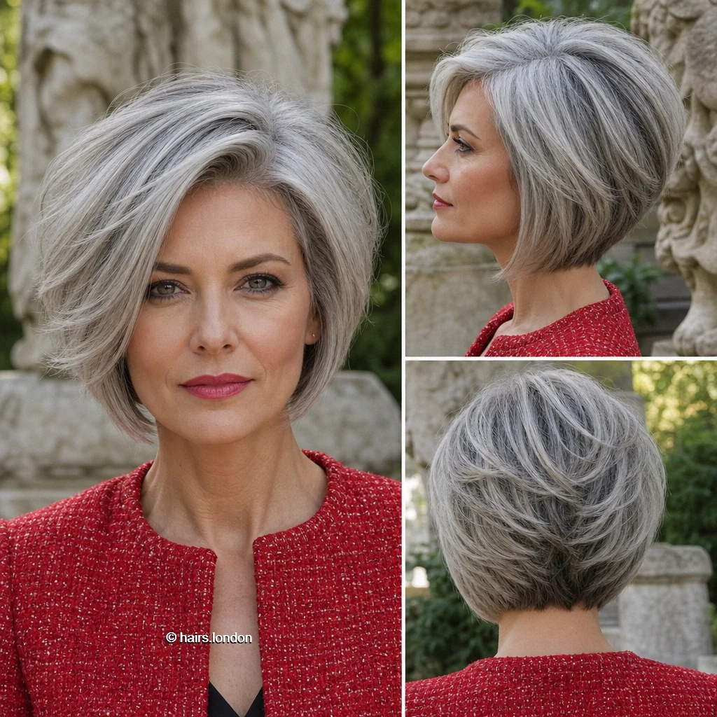 15 Silver Bob Haircuts, From Sleek Angles to Soft Layers Silver Swept Graduation