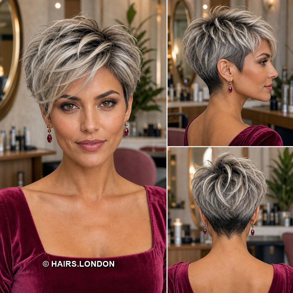 12 Silver Highlighted Pixie Cuts With Dark Roots and Textured Shape Silver Sweptback Pompadour