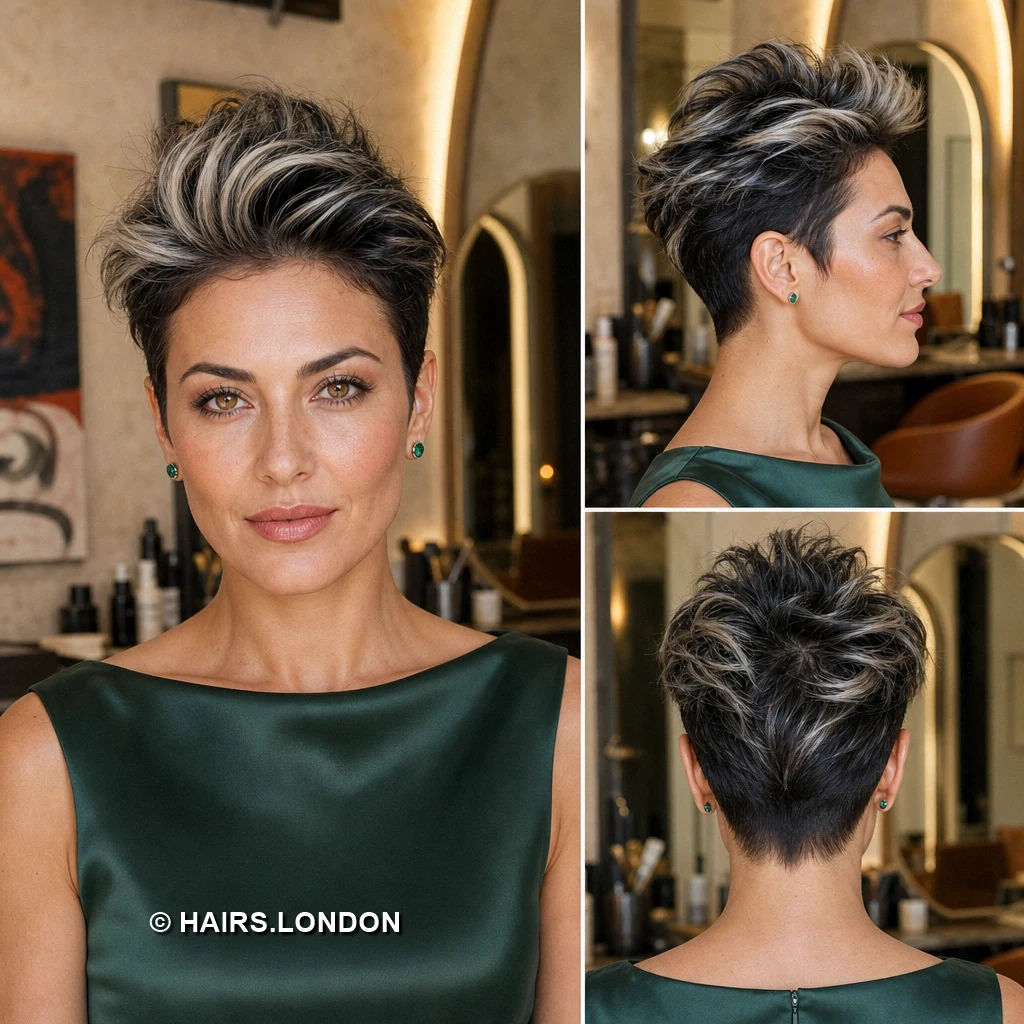 12 Silver Highlighted Pixie Cuts With Dark Roots and Textured Shape Silver Tousled Taper
