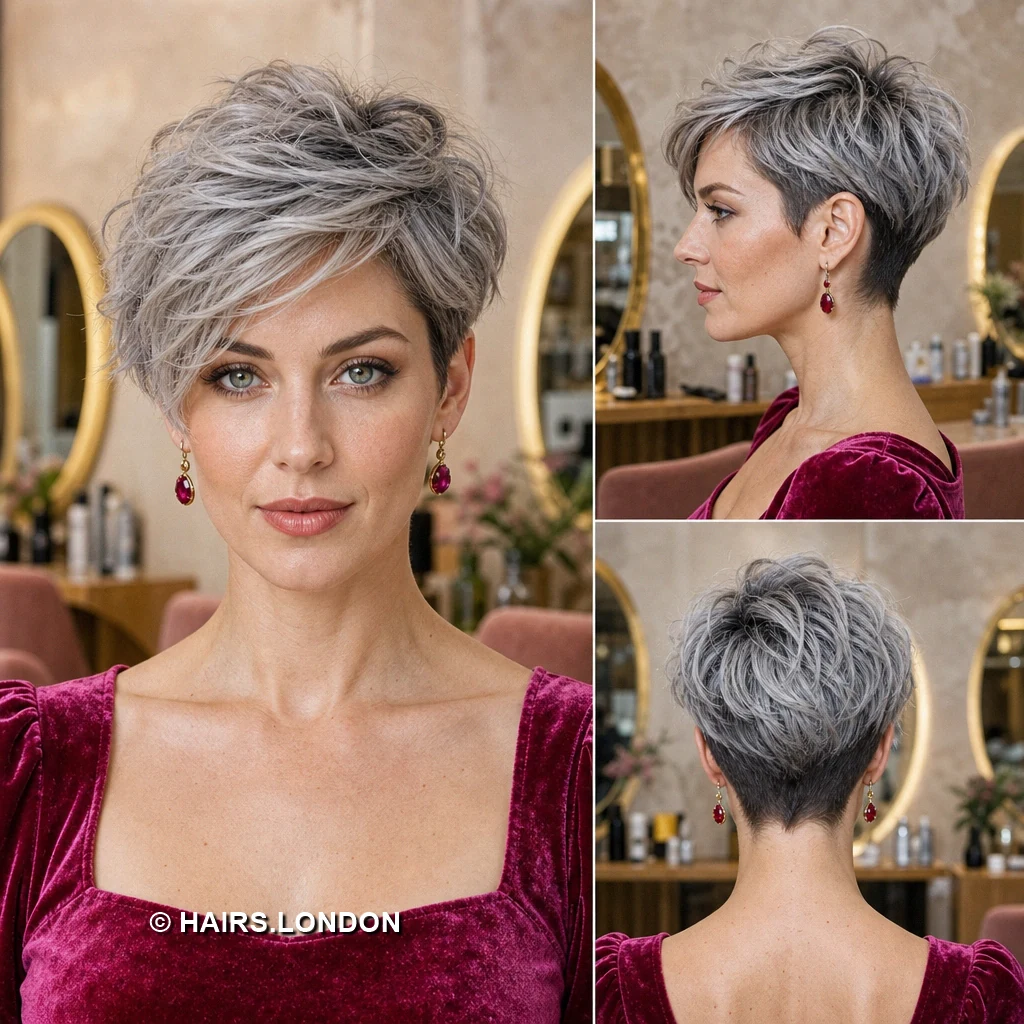 20 Silver Pixie Cuts With Dark Roots, From Soft Sweeps to Defined Curls Smoky Ribboned Crop