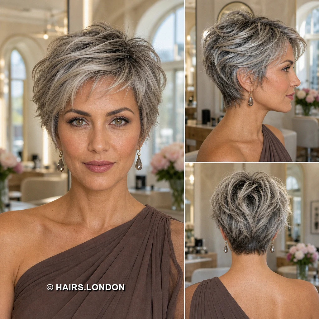 21 Silver Pixie Haircuts with Texture, Sweeping Fringes and Tapered Napes Taupe Feathered Pixie