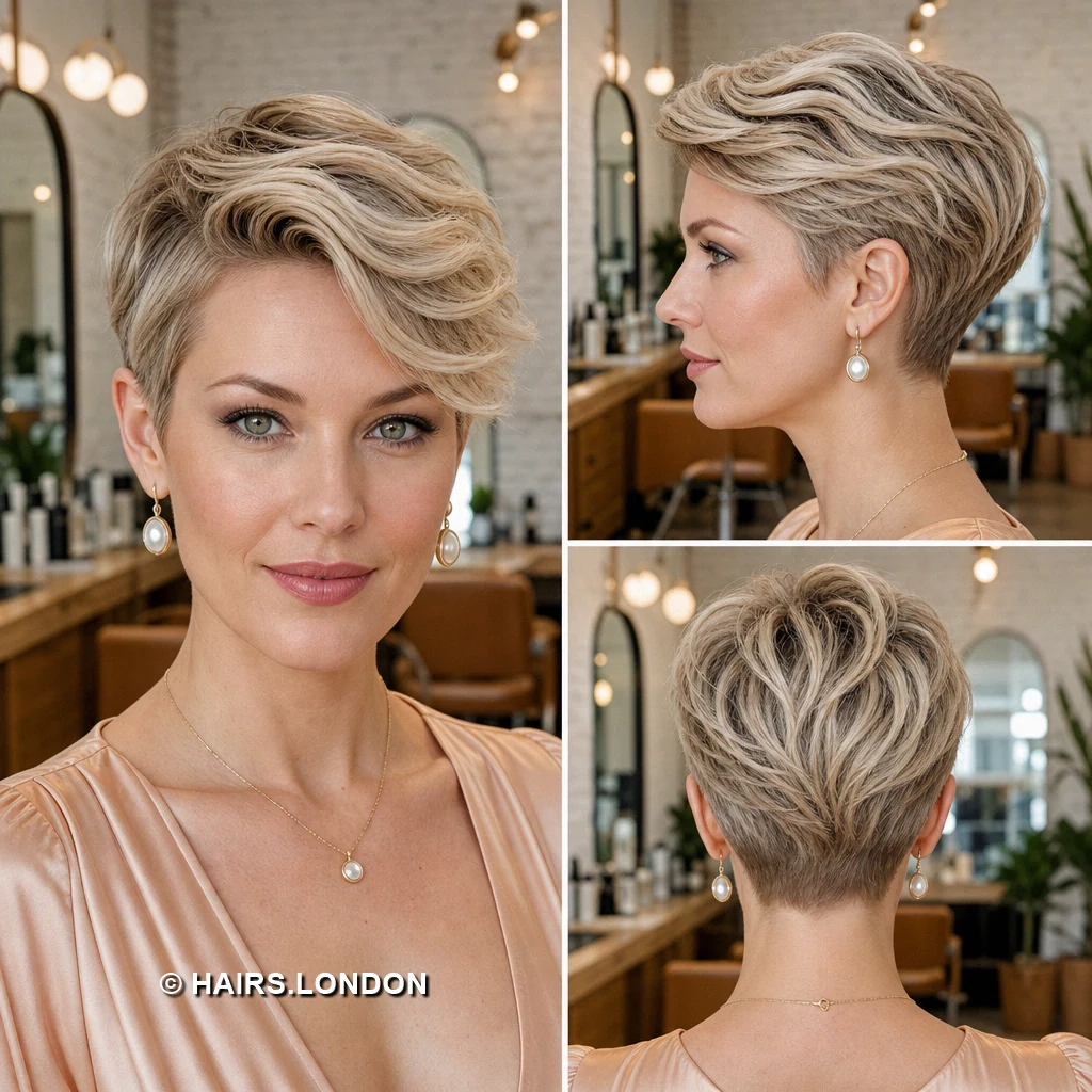 19 Highlighted Pixie Cuts with Swept Fringes and Tapered Napes Taupe Textured Pixie