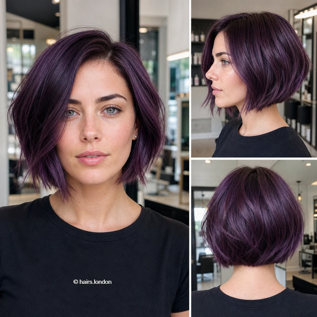 20 Colorful Bob Haircuts, From Rounded Shapes to Airy Layers Violet Angled Bob