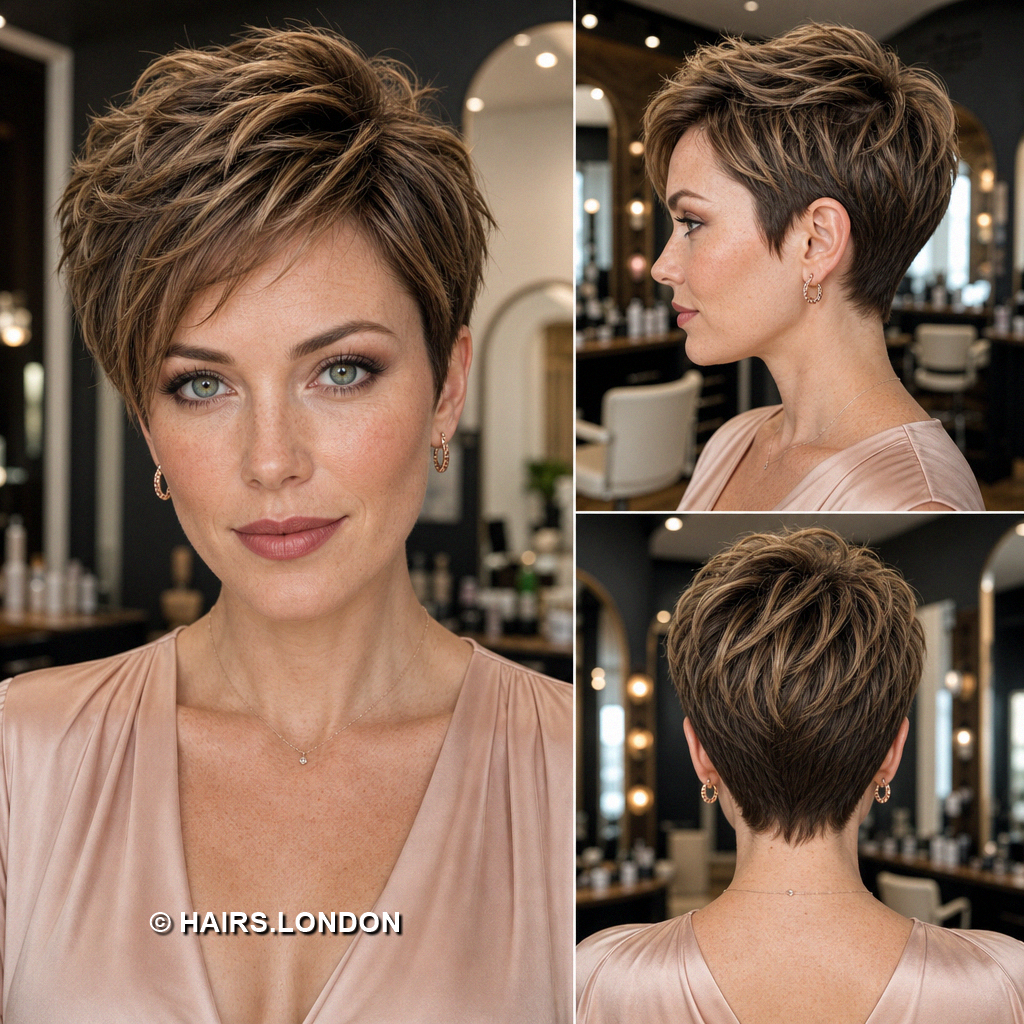 18 Highlighted Pixie Haircuts with Caramel Ribbons and Blonde Accents Walnut Piecey Pixie