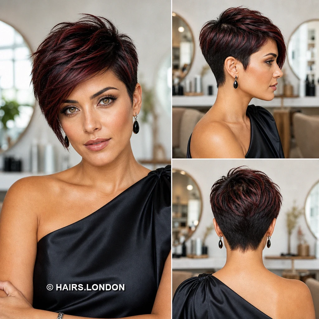 15 Burgundy Pixie Cuts with Texture, Curls, and Sweeping Fringes Wine Angled Layers