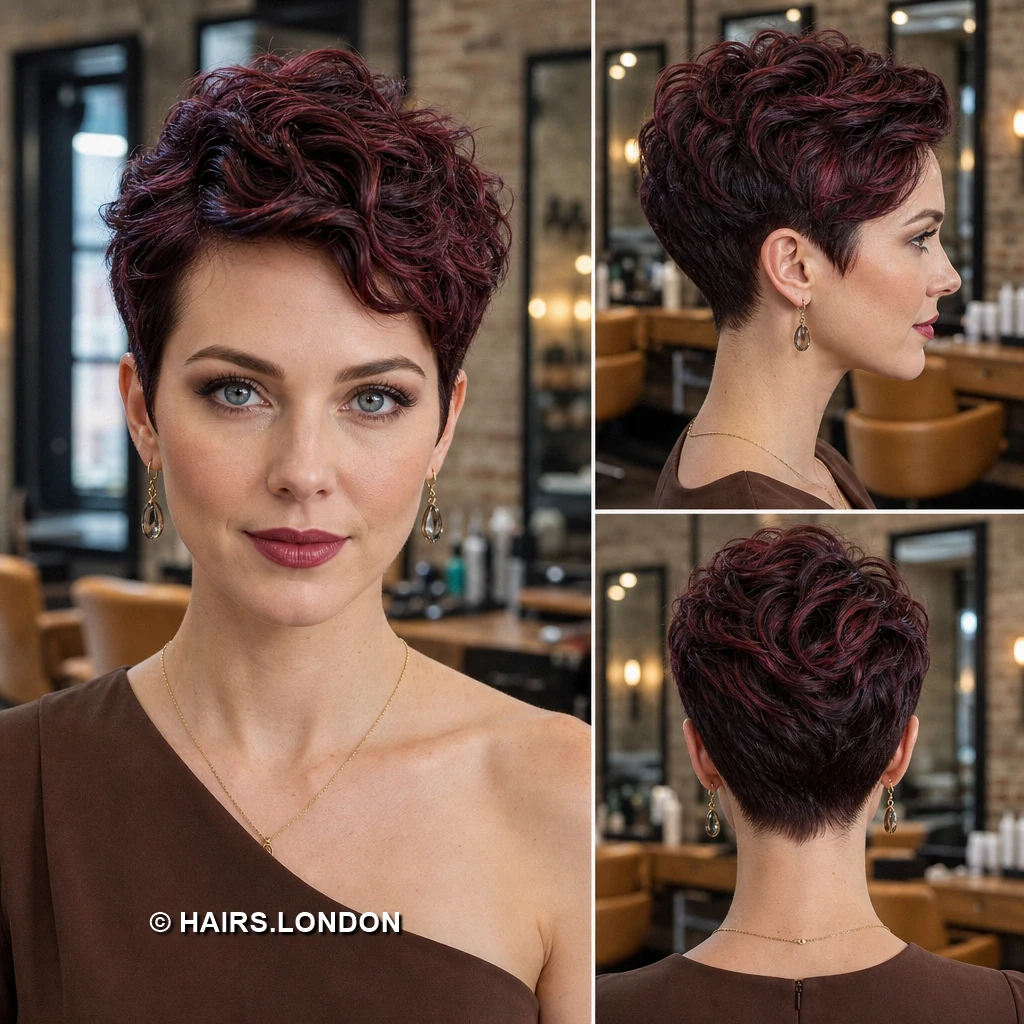 20 Burgundy Pixie Cuts: Swept Fringes, Textured Crowns and Curly Shapes Wine Asymmetric Quiff