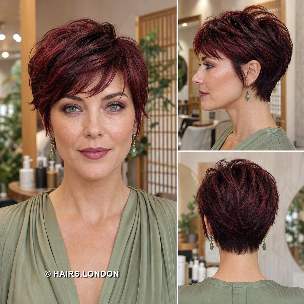 17 Burgundy Pixie Haircuts With Swept Fringes and Textured Crowns Wine Curved Quiff