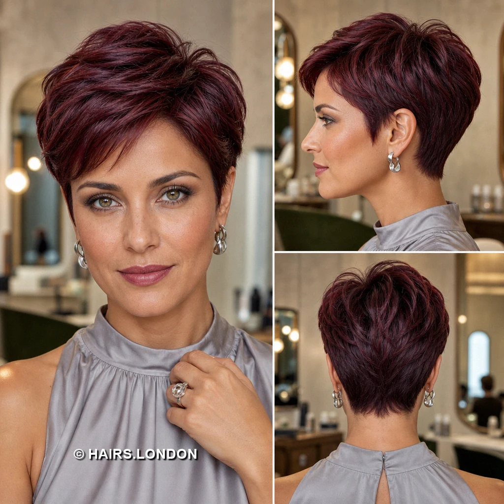 19 Burgundy Pixie Haircuts with Swept Fringe, Texture, and Tapered Napes Wine Diagonal Pixie
