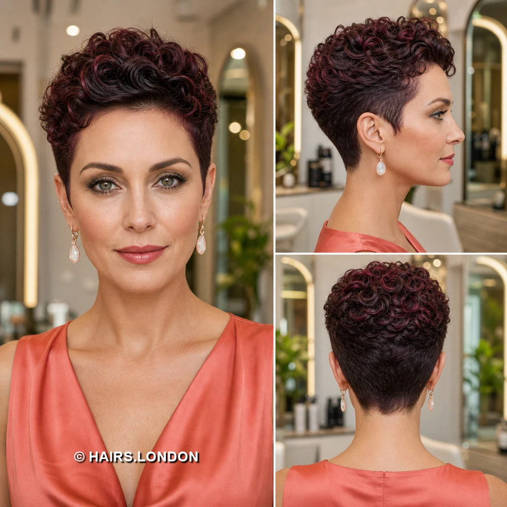 20 Burgundy Pixie Cuts: Swept Fringes, Textured Crowns and Curly Shapes Wine Diagonal Pixie