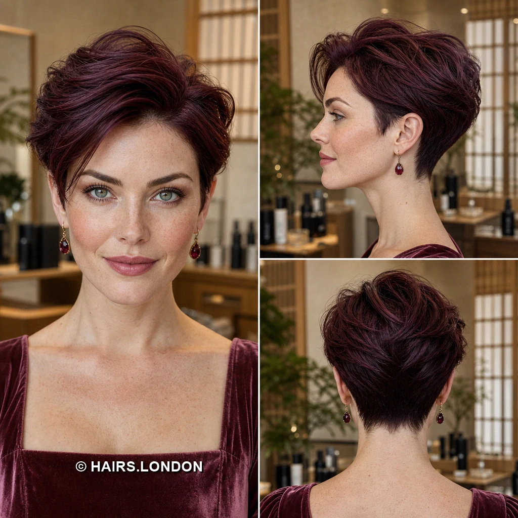 19 Burgundy Pixie Haircuts with Swept Fringe, Texture, and Tapered Napes Wine Flowing Pixie